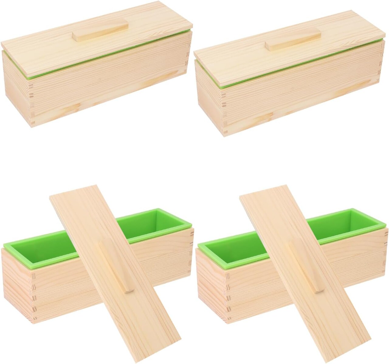 Artisan Soap Making Loaf Mold Box - 4 Pack 42oz Premium Silicone Molds With Wooden Lid - Green, Flexible, Heat Resistant for Large Homemade Soaps